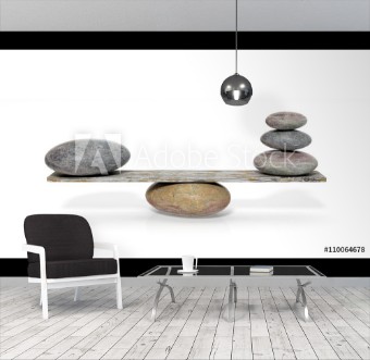 Picture of 3D rendering of balancing stones on wooden plank isolated on white background